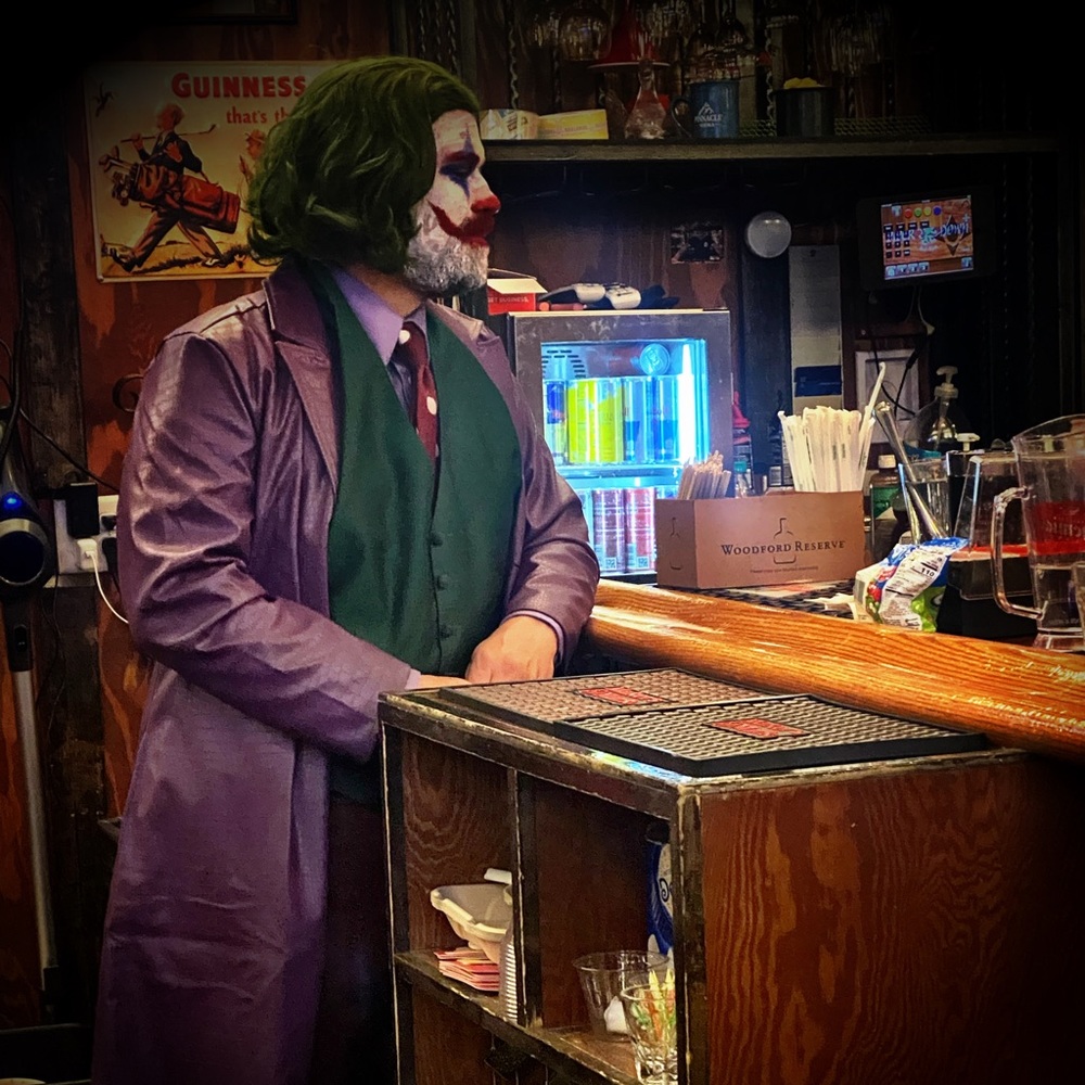 Joker costume.  Model is 6 ft 250 lbs